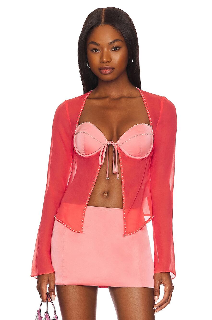 Danielle Guizio Scallop Trim Top Embellished Sheer Long Sleeve Party Cocktail S